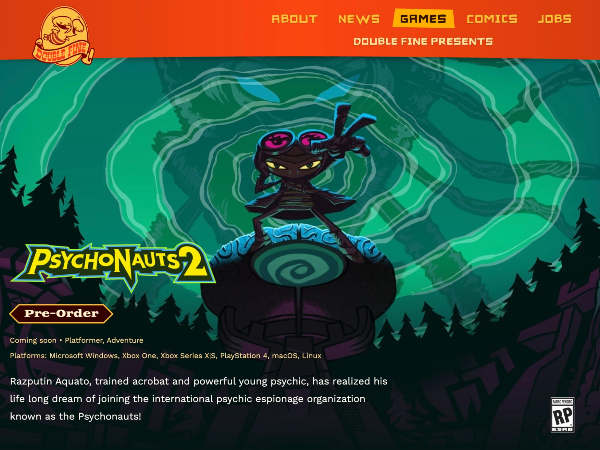 The Psychonauts 2 page within the Games section (desktop view).
