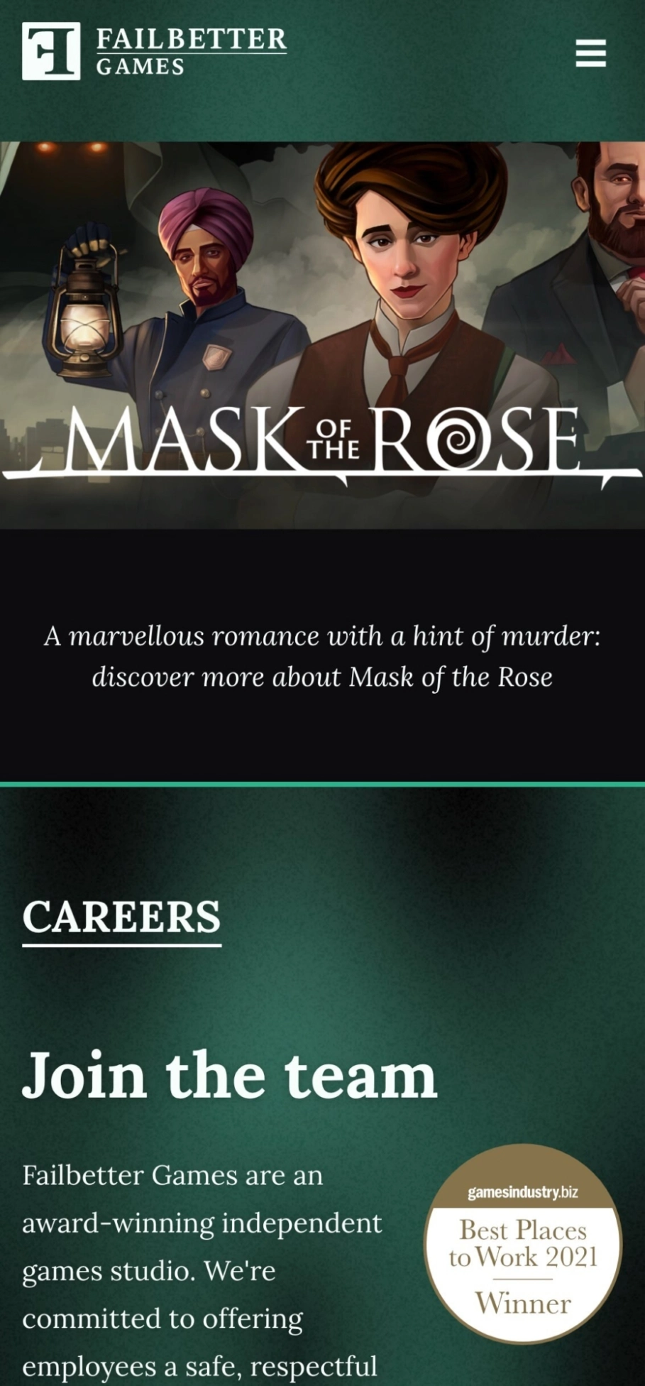 Failbetter Games - Homepage (mobile)