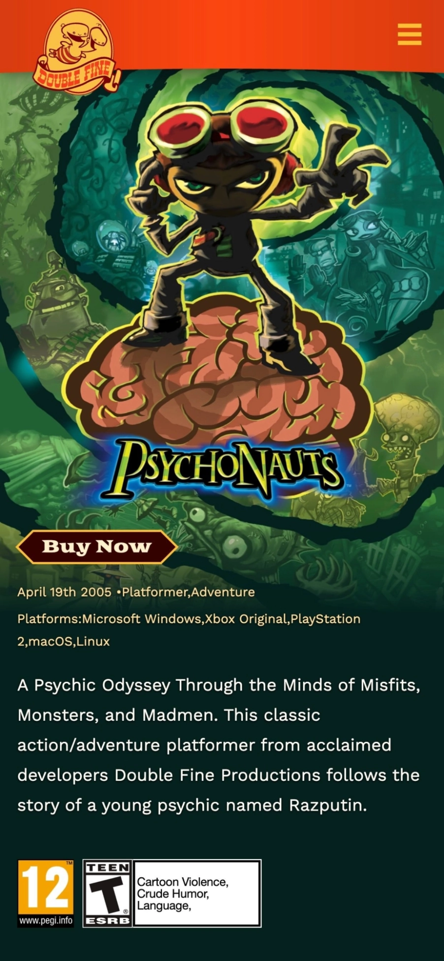 The Psychonauts page within the Games section (mobile view).