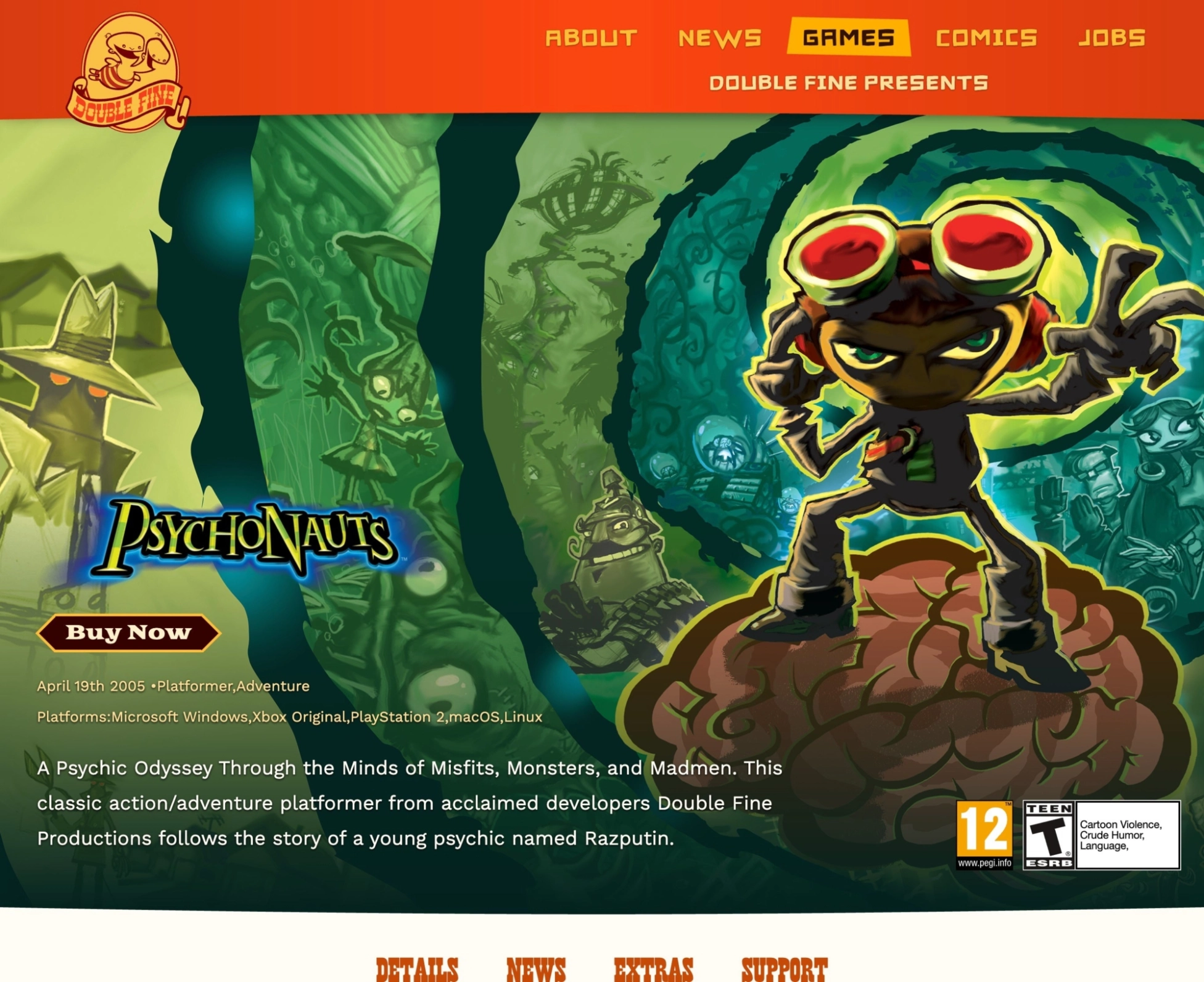 The Psychonauts page within the Games section (desktop view).