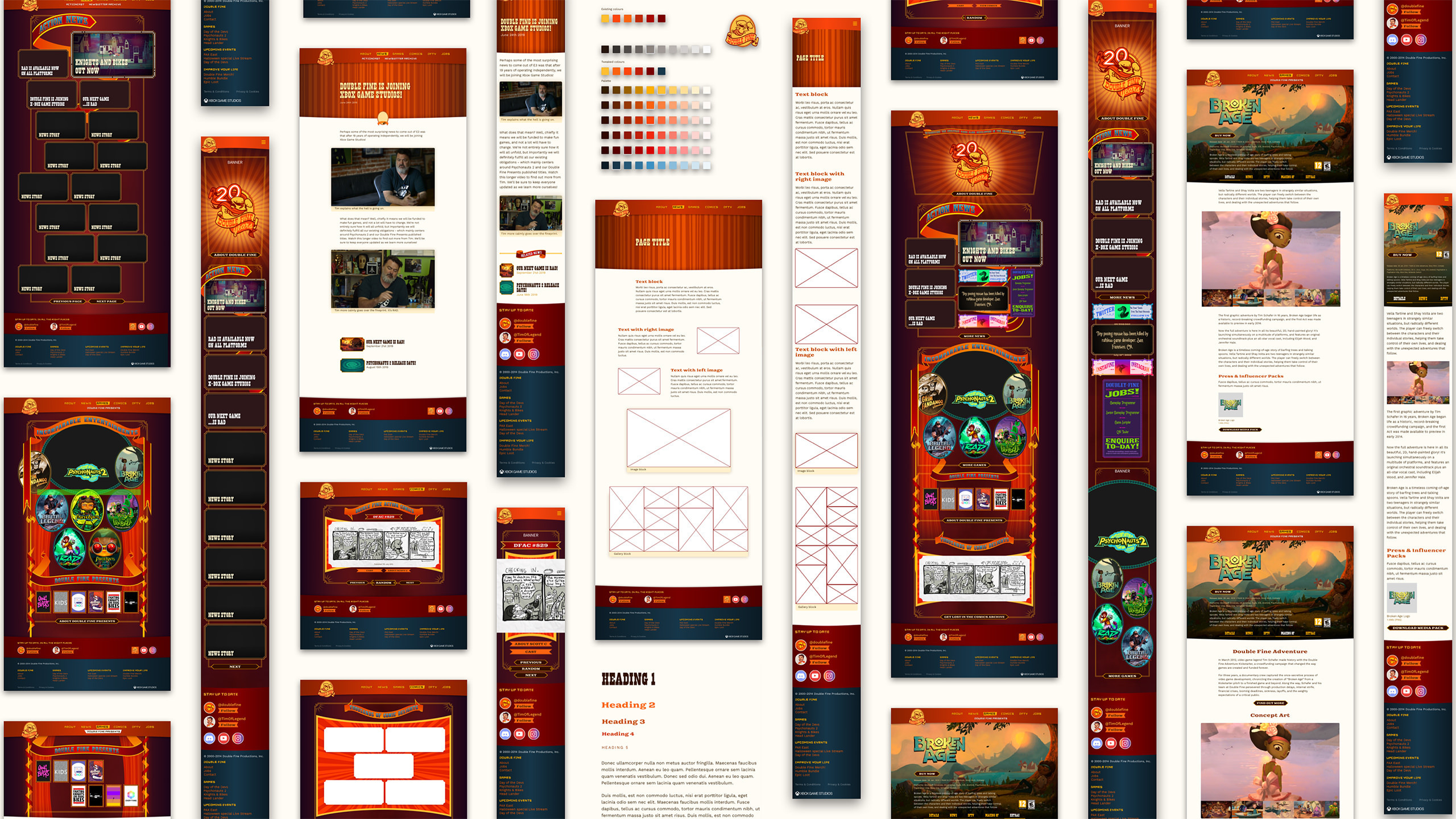 Fully mocked designs for doublefine.com, following the wireframe design.