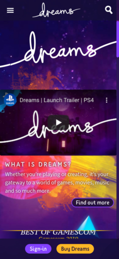 indreams.me homepage (mobile)